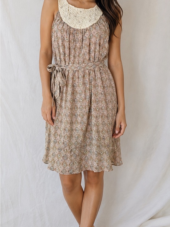 Anthropologie Dresses & Skirts - Anthropologie Sunner Silk Crochet Bib Silk Shift Dress XS Beige Tan